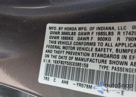 2012 Honda Civic Lx from USA, damaged, VIN 19XFB2F50CE085159